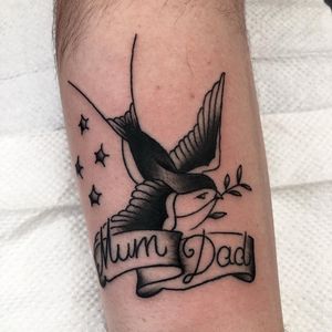 Beautiful forearm tattoo featuring a traditional style bird and meaningful quote, done by the talented Claudia Trash.