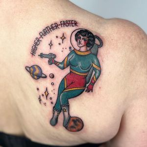 Beautiful traditional style tattoo of a woman with a meaningful quote, expertly done by Claudia Trash.