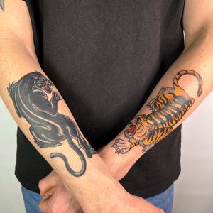 Get a fierce and powerful tattoo by Claudia Trash featuring a stunning panther and tiger design in traditional style on your forearm.