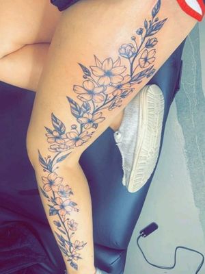 Black&White Cherry Blossom Leg Tattoo