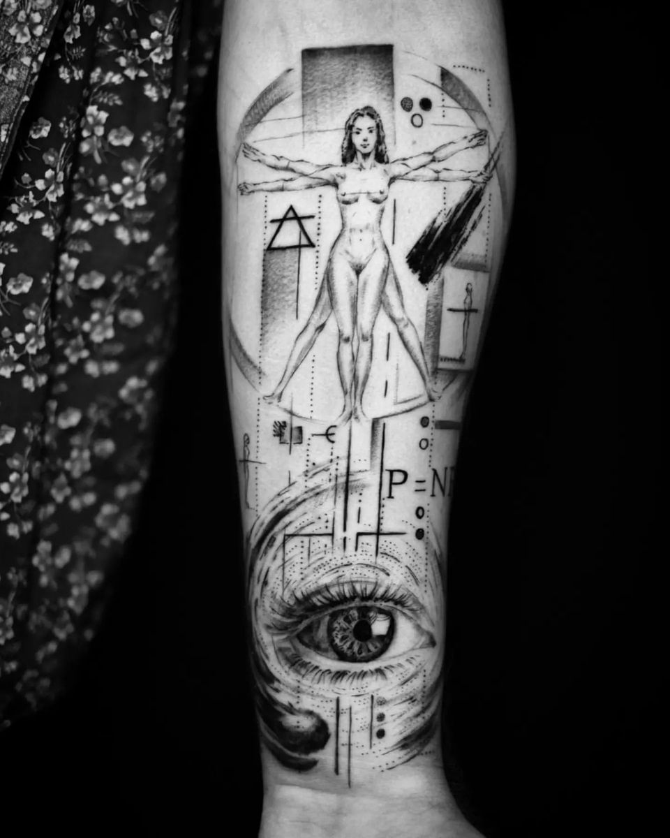 Tattoo Uploaded By Dylan C • Geometric-vitruvian-woman-with-realistic 