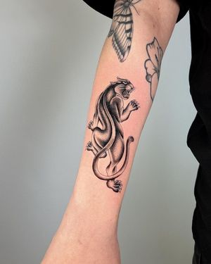 Elegant black and gray dotwork design by Joshua Williams, showcasing the power and grace of a panther on your forearm.