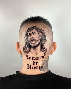 Get a unique dotwork and lettering tattoo on your face featuring Jesus and an inspiring quote by Joshua Williams.