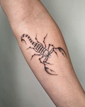 Experience the intricacy of a black and gray scorpion tattoo on your forearm, crafted by Joshua Williams.