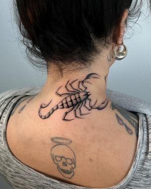 Get a stunning scorpion tattoo on your neck by the talented artist Joshua Williams. This unique design combines dotwork and micro-realism styles for a truly eye-catching look.