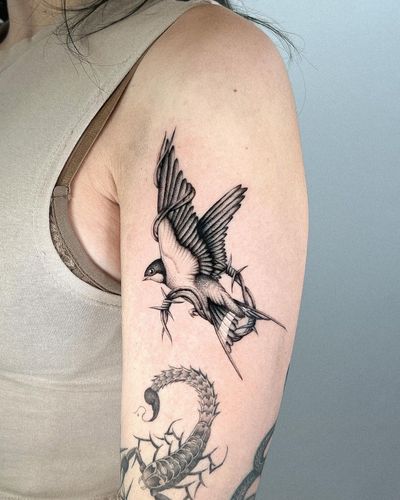 Intricate black and gray dotwork design of a micro-realistic swallow bird by tattoo artist Joshua Williams.