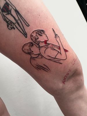 Express your edgy side with this fierce blackwork tattoo of a man holding a knife, expertly done by Miss Vampira on your upper leg.