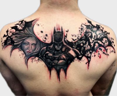 #batman tattoo done with my client’s girlfriend as #harlequinn 
#portrait
#abstract
#illustrative
#blackwork
#dccomic
