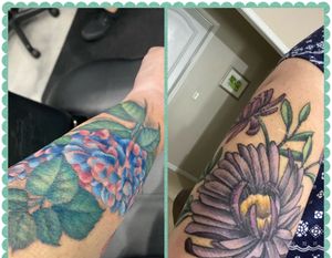 Variegated hydrangea tattoo just finished on my left forearm and asters done last year on my right forearm both done by Marvin Vigil at Numinous Ink in Rockmart, GA. 