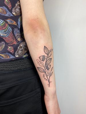 Delicate fine line design featuring leaves, nuts, and plants by Joanna Webb.