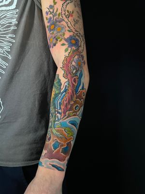 Vibrant new school style tattoo featuring a tree and flower motif, expertly done by Kiko Lopes.