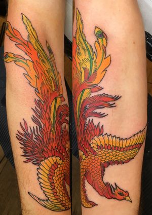 Get a vibrant new school phoenix on your forearm by the talented artist Kiko Lopes. Stand out with this bold and unique design.