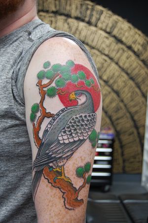 Experience the beauty of traditional Japanese art with this stunning tattoo featuring a bird and tree motif, expertly crafted by the talented Bananajims.