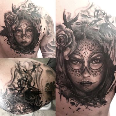 . . #blackandgrey #abstract #abstracttattoo #abstract #realistic #portrait #dayofthedead #losmuertos #surrealism #surrealist #bngtattoo #realism #realismtattoo
