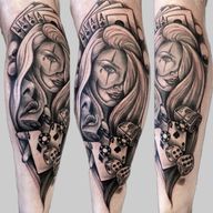 #casino #gangstergirl #calftattoo done as part of a bigger piece . . . #realism #realistic #chicano #blackandgrey