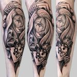 #casino #gangstergirl #calftattoo done as part of a bigger piece . . . #realism #realistic #chicano #blackandgrey