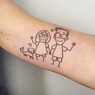Ignorant style fun cartoon portrait of a family and their dog done in the style of a children’s illustration