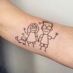 Ignorant style fun cartoon portrait of a family and their dog done in the style of a children’s illustration