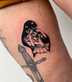Get a stunning anime blackwork tattoo of a girl on your upper leg by the talented artist Miss Vampira.