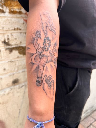 Get a striking blackwork tattoo of Bojack the horse from the popular anime series, done by the talented Kiky Flore on your forearm.