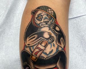 Sad alcoholic army panda by Cameron Apodaca at salvation tattoo in Dallas 