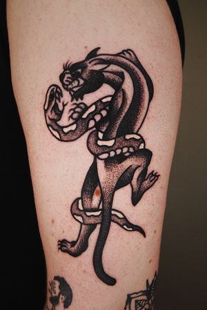 Panther and Snake #traditionaltattoo #tattoo #tattoos #traditional #oldschooltattoo #ink #tattooartist #inked #tattooart #tattooflash #art #tattooed #traditionaltattoos #tattoolife #blackwork #oldlines #tradworkers #boldwillhold #tattooing #oldschool #neotraditionaltattoo #tattoodesign #blackandgreytattoo #colortattoo #tattooideas #classictattoo #tattooer #blackworktattoo #flashtattoo #bold