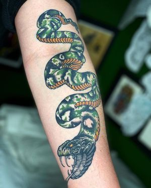 Green Snake Neo Traditional Tattoo done at Hammersmith Tattoo London