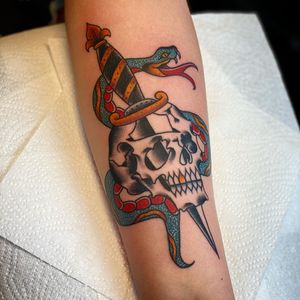 Skull, Snake and Dagger Traditional Tattoo done at Hammersmith Tattoo London