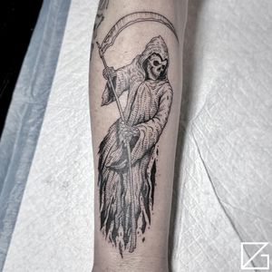 Engraving Grim Reaper Tattoo done at Hammersmith Tattoo London