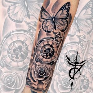 Butterfly, Pocketwatch, Rose Neo Traditional Tattoo done at Hammersmith Tattoo London
