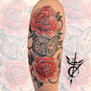 Peonies and Pocketwatch Neo Traditional Tattoo done at Hammersmith Tattoo London