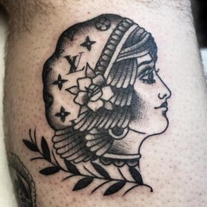 Louis Vuitton Vintage Lady Traditional Tattoo done at Hammersmith Tattoo London