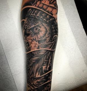 Owl Black & Grey Realism Tattoo done at Hammersmith Tattoo London
