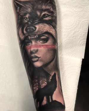 Black and Grey Realism Native WOman with Wolf Headpiece Tattoo done at Hammersmith Tattoo London