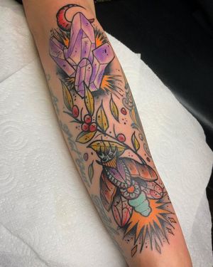 Crystals and Butterfly Traditional Tattoo done at Hammersmith Tattoo London
