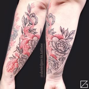 Fine Line Dragon and Flowers Tattoo done at Hammersmith Tattoo London