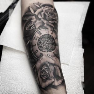 Pocketwatch and Roses Black & Grey Realism Tattoo done at Hammersmith Tattoo London