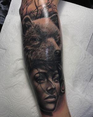 Woman and Bear Cub Black & Grey Realism Tattoo done at Hammersmith Tattoo London