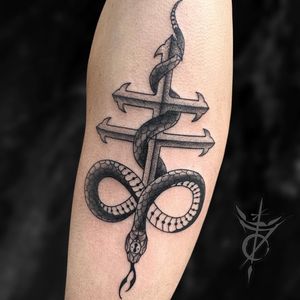 Neo Traditional Snake and Leviathan Cross Tattoo done at Hammersmith Tattoo London