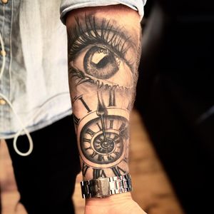 Eye and Watch face Black & Grey Realism Tattoo done at Hammersmith Tattoo London