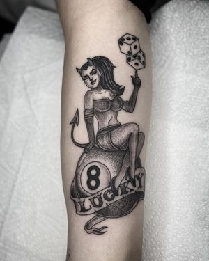 Dotwork and Stippling Pinup Devil Woman Tattoo done at Hammersmith Tattoo London