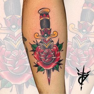 Rose and Dagger Traditional Tattoo done at Hammersmith Tattoo London
