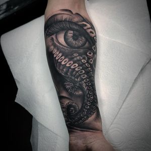 Eye and Octopus Black & Grey Realism Tattoo done at Hammersmith Tattoo London