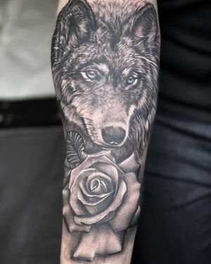 Black and Grey Realism Wolf and Rose Tattoo done at Hammersmith Tattoo London