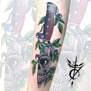Skull, Dagger and Blueberries Neo Traditional Tattoo done at Hammersmith Tattoo London