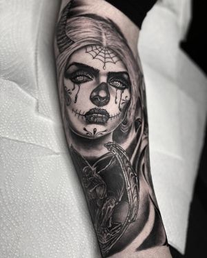 Muerte Woman Devil Black & Grey Realism Tattoo done at Hammersmith Tattoo London