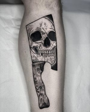 Fine Line and Dotwork Skull Cleaver Tattoo done at Hammersmith Tattoo London