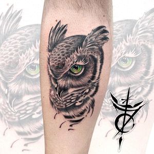 Owl Black & Grey Realism Tattoo done at Hammersmith Tattoo London