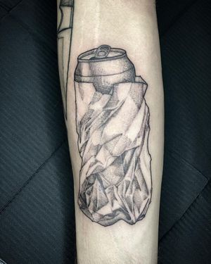 Dotwork and Stippling Beer Can in Paper Bag Tattoo done at Hammersmith Tattoo London