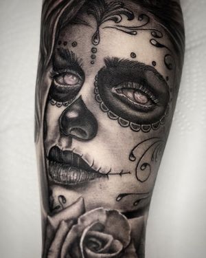 Muerte Woman Black & Grey Realism Tattoo done at Hammersmith Tattoo London